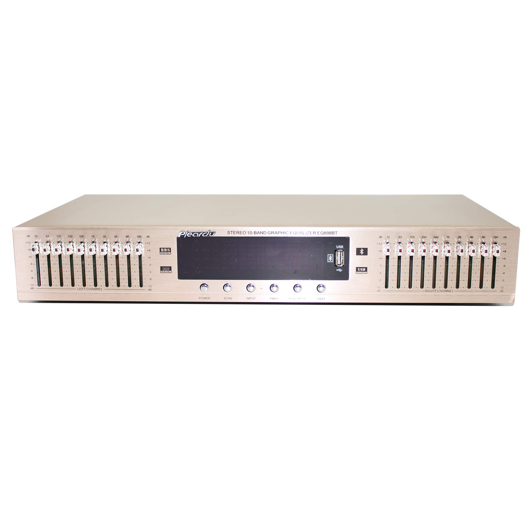 220 V HiFi cyfrowy przedwzmacniacz stereo HD korektor wbudowany USB Bluetooth korektor sceny domowej podwójny 10 segmentów EQ-898 (złoty)
