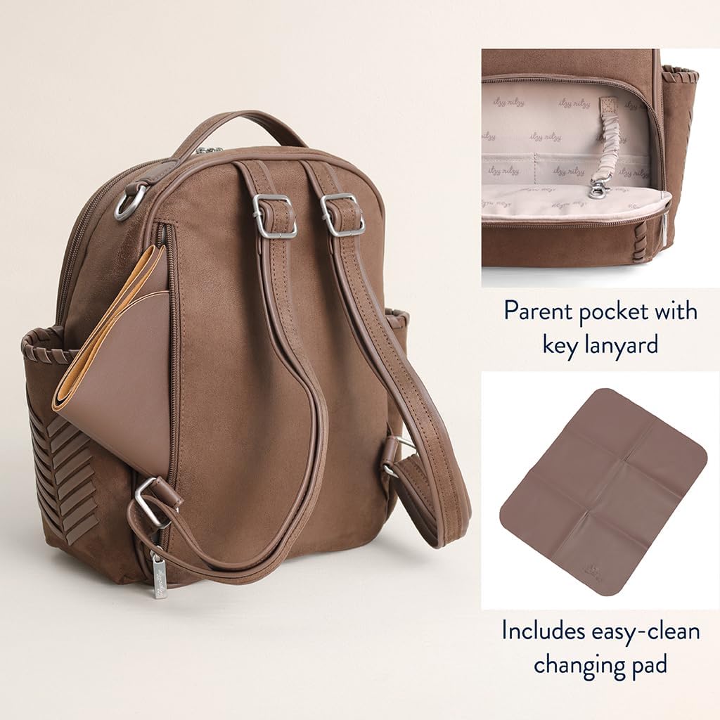 Itzy Ritzy Mini Diaper Bag Backpack – Chic, Compact Mini Plus Backpack with Changing Pad, 10 Pockets (6 Internal, 4 External), Grab-Top Handle & Rubber Feet (Aspen)