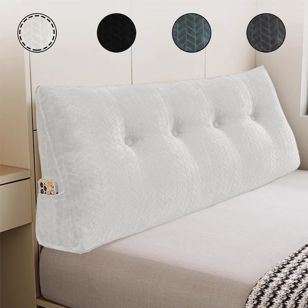 Patterned Velvet Triangular Headboard Wedge Pillow,Removable Cover Headboard Pillow Daybed Bunk Bed,Backrest Positioning Support Pillow Cushion Resting Relaxing (Off-White, Full(54*20*8in))