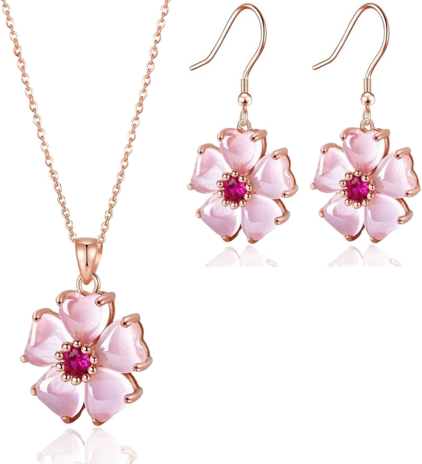 VONSSY Elegant Cherry Blossom Necklace Earrings Pink Cats Eye Flower Flora Sakura Gemstone Crystal Pendant 18k Gold Plated Chain Jewelry Set Gift for Woman Wife Girlfriend