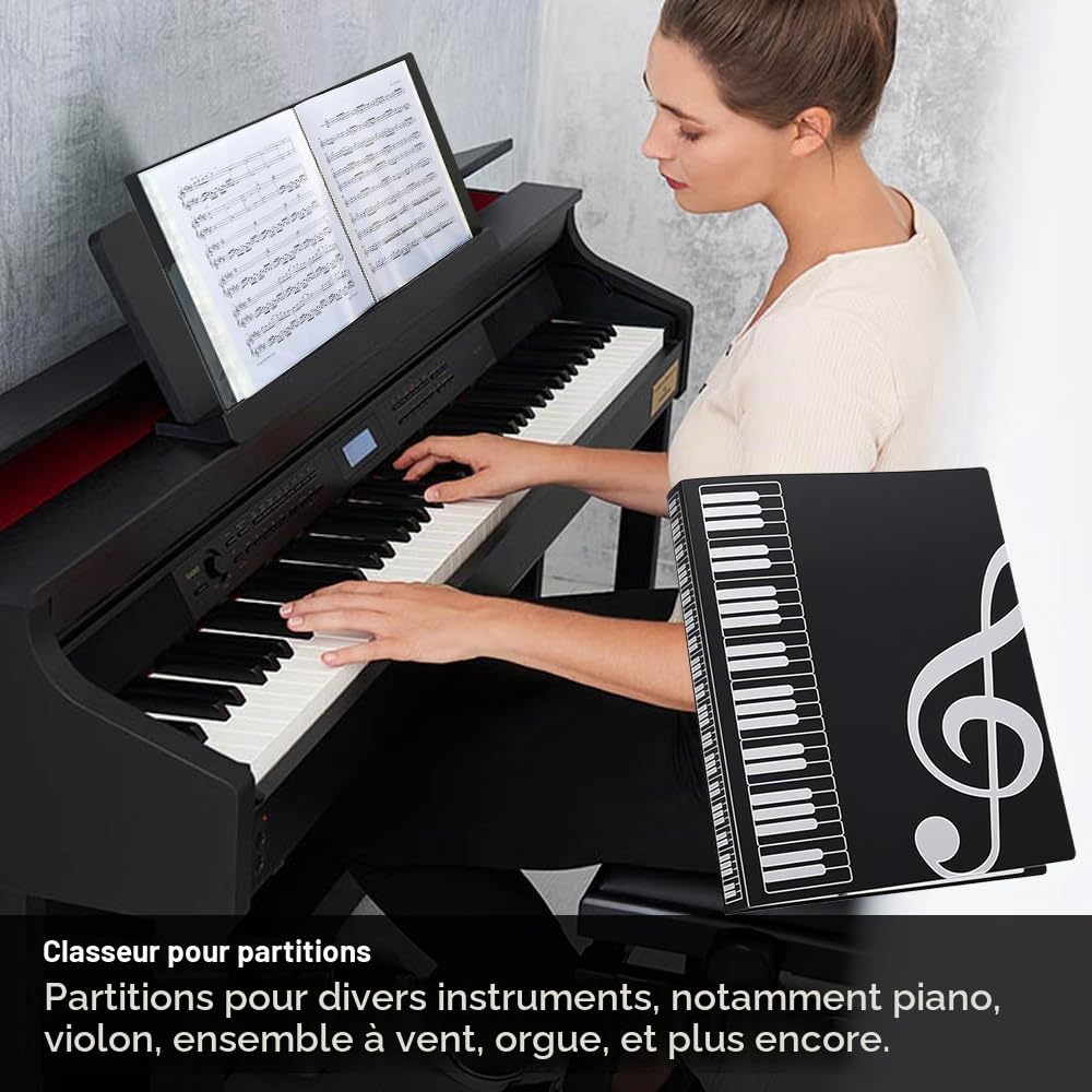 Noir Chemises pour Partitions en Plastique Imperméable | A4 Classeur Partition Musique, 40 Poches/80 Pages Dossier Feuilles de Musique, Porte Partition Chorale pour Partitions Piano