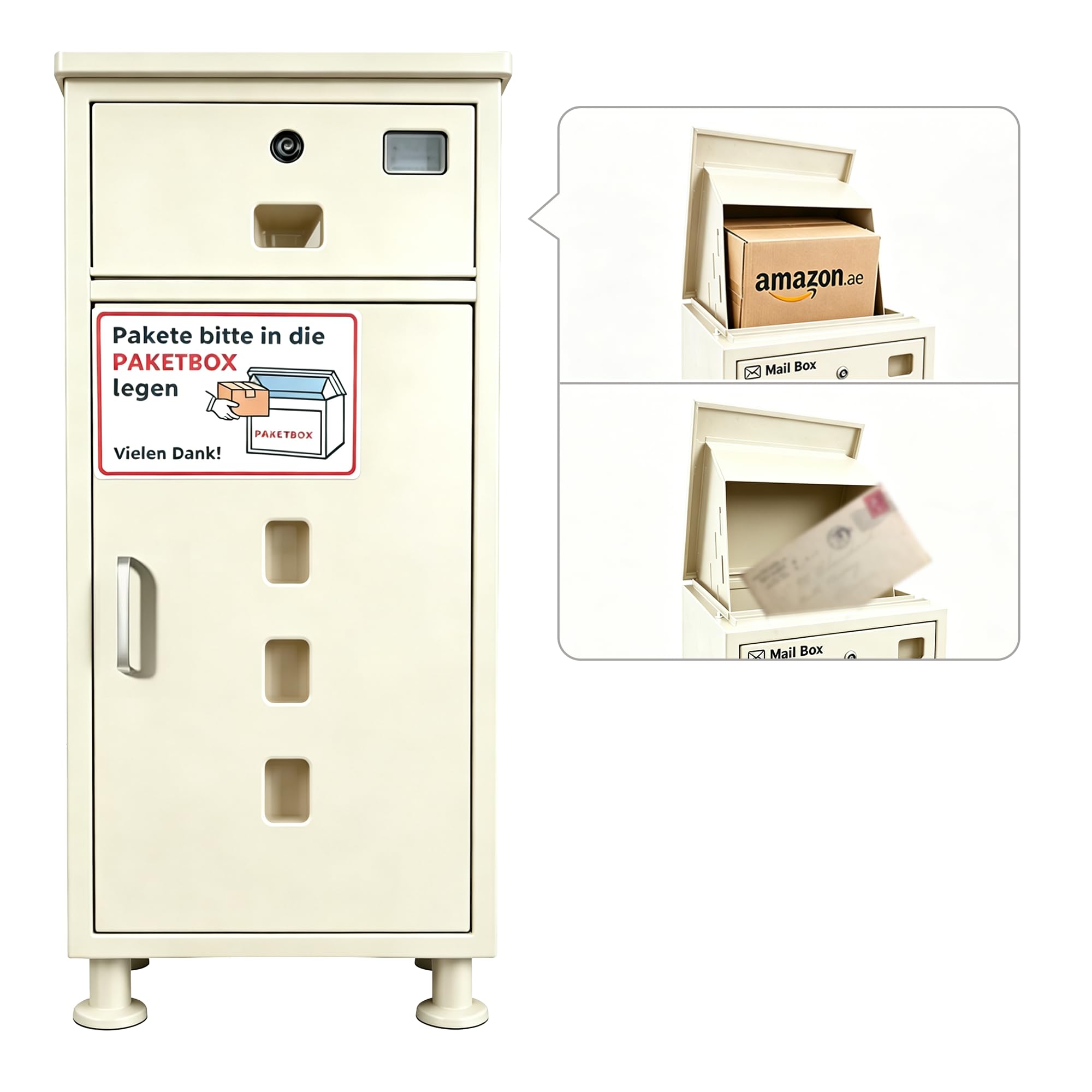 MOZIMO outdoor parcel box with separate compartments for letters and parcels, adjustable feet (16-20 cm), comes with two keys Ideal for gardens, patios, and uneven surfaces. XXL oversized.