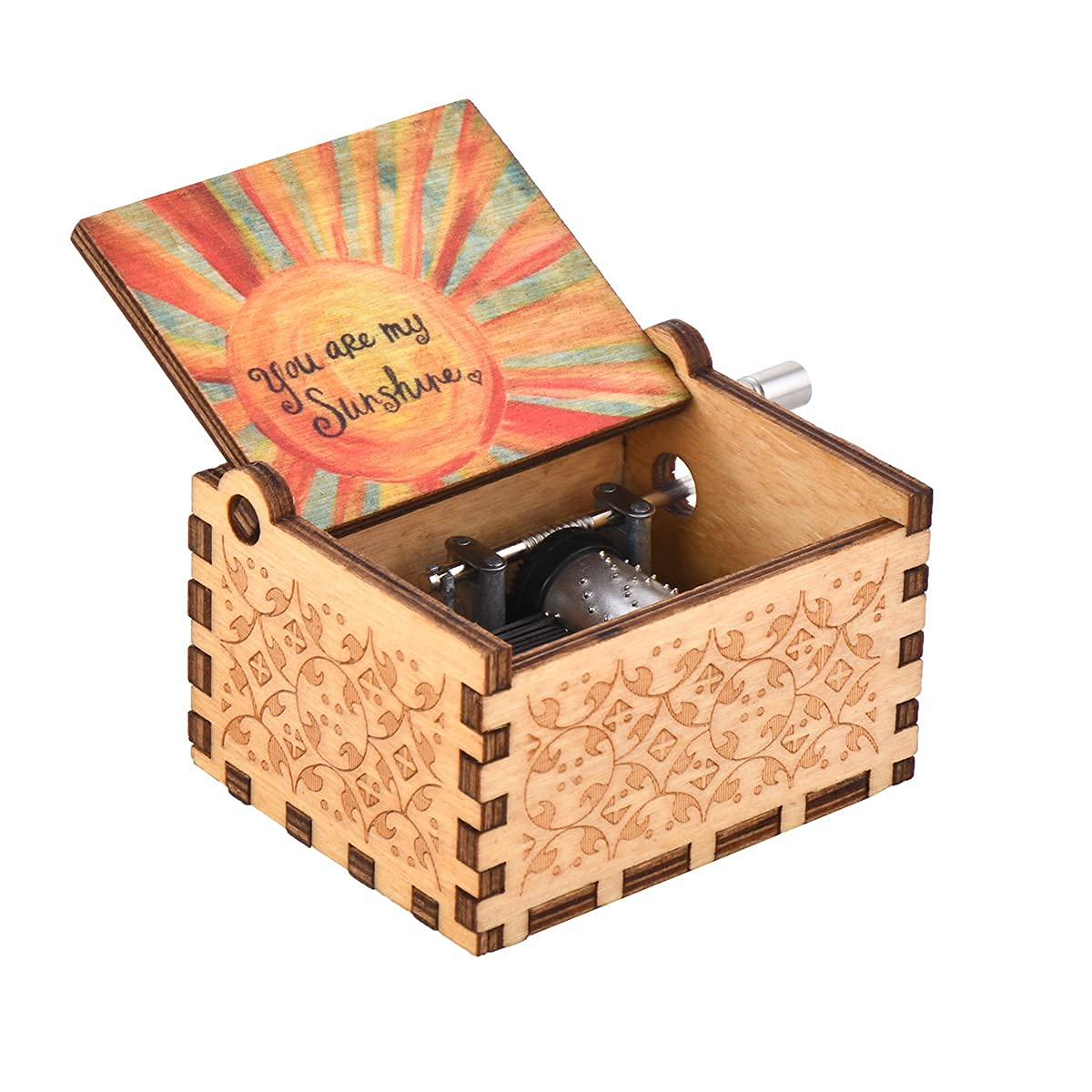 Wood Music Box, Wooden Hand Crank Musical Instrument with Melody You’re My Sunshine Gift to Family Friend Lover Classmate (You're My Sunshine)