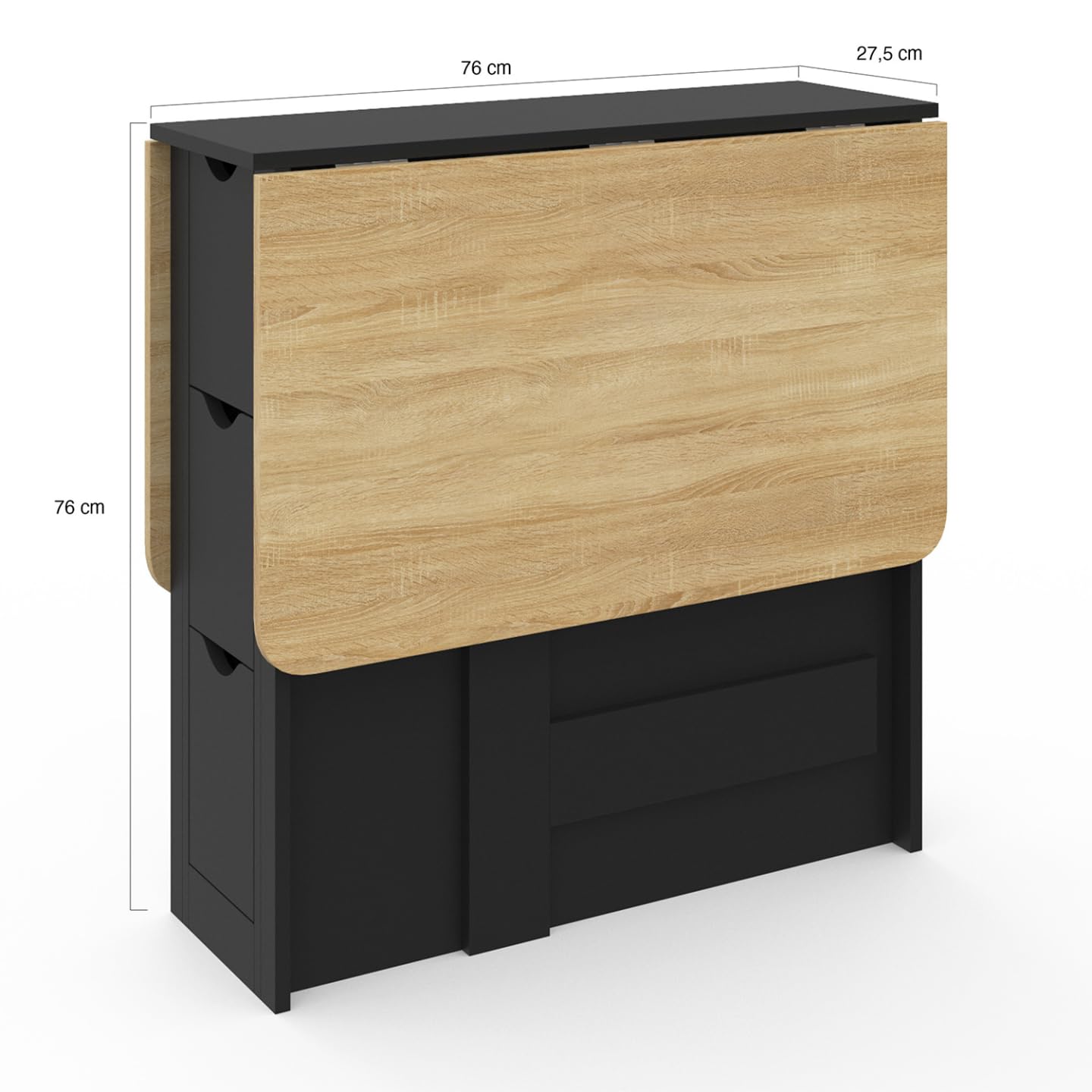 IDMarket - Table Console Pliable EDI 2-4 Personnes 103 x 76 cm | Avec plateau façon hêtre et 3 tiroirs noirs
