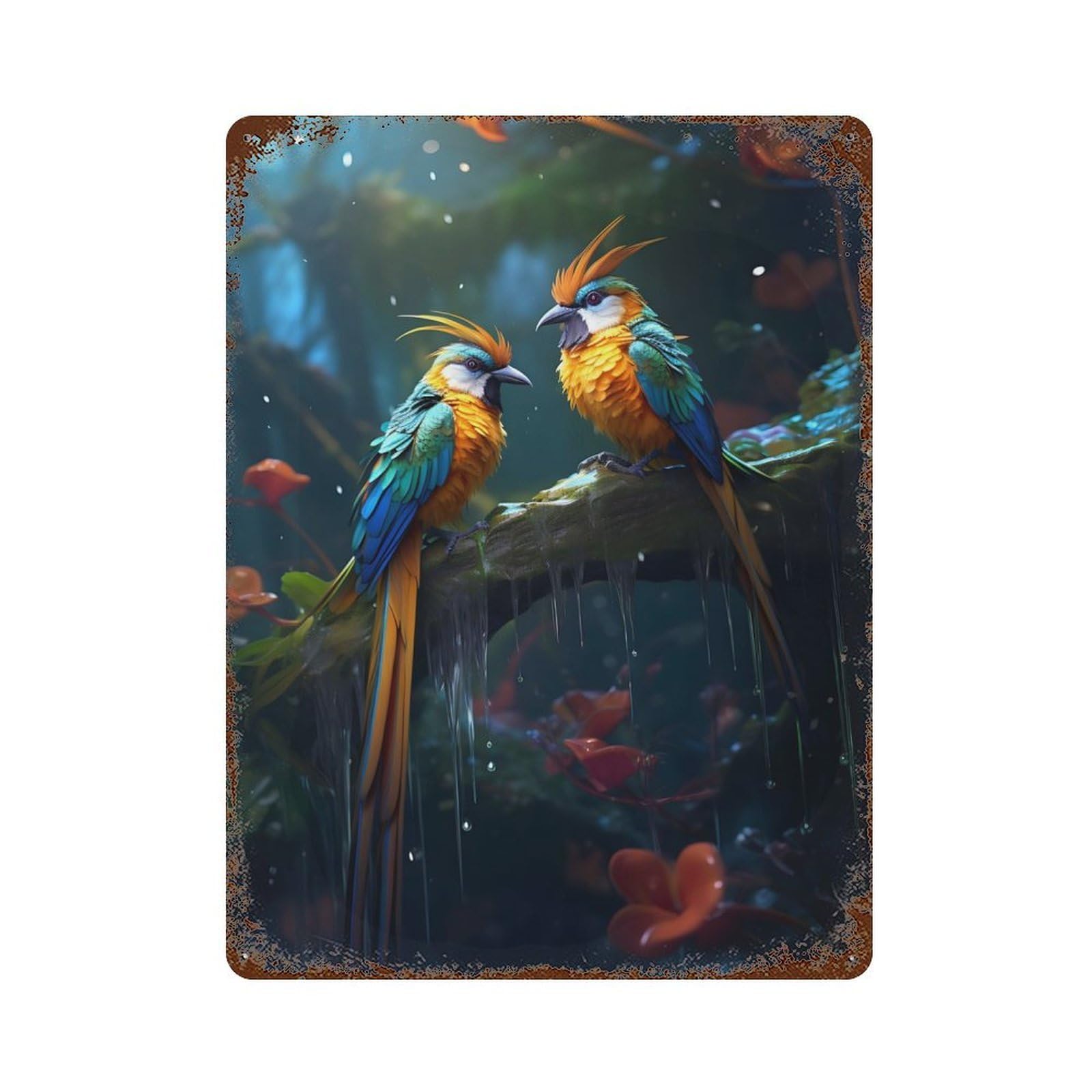 Rainy Birds of Paradise 15.7"x11.8" Rusty Metal Tin Sign, Novelty Wall Decor for Cafe, Home Bar And Lounge Decor