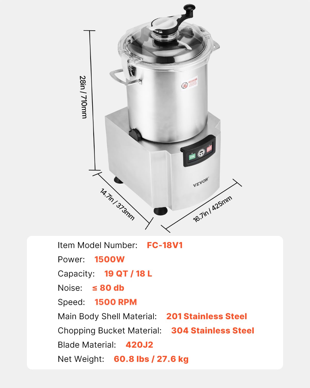 VEVOR Robot da Cucina e Tritatutto per Verdure, Robot da Cucina in Acciaio Inox per Uso Alimentare da 18 L con Lama Curva a S e Raschietto, Multifunzionale per Tritare Verdure, Frutta, Cereali, Noci