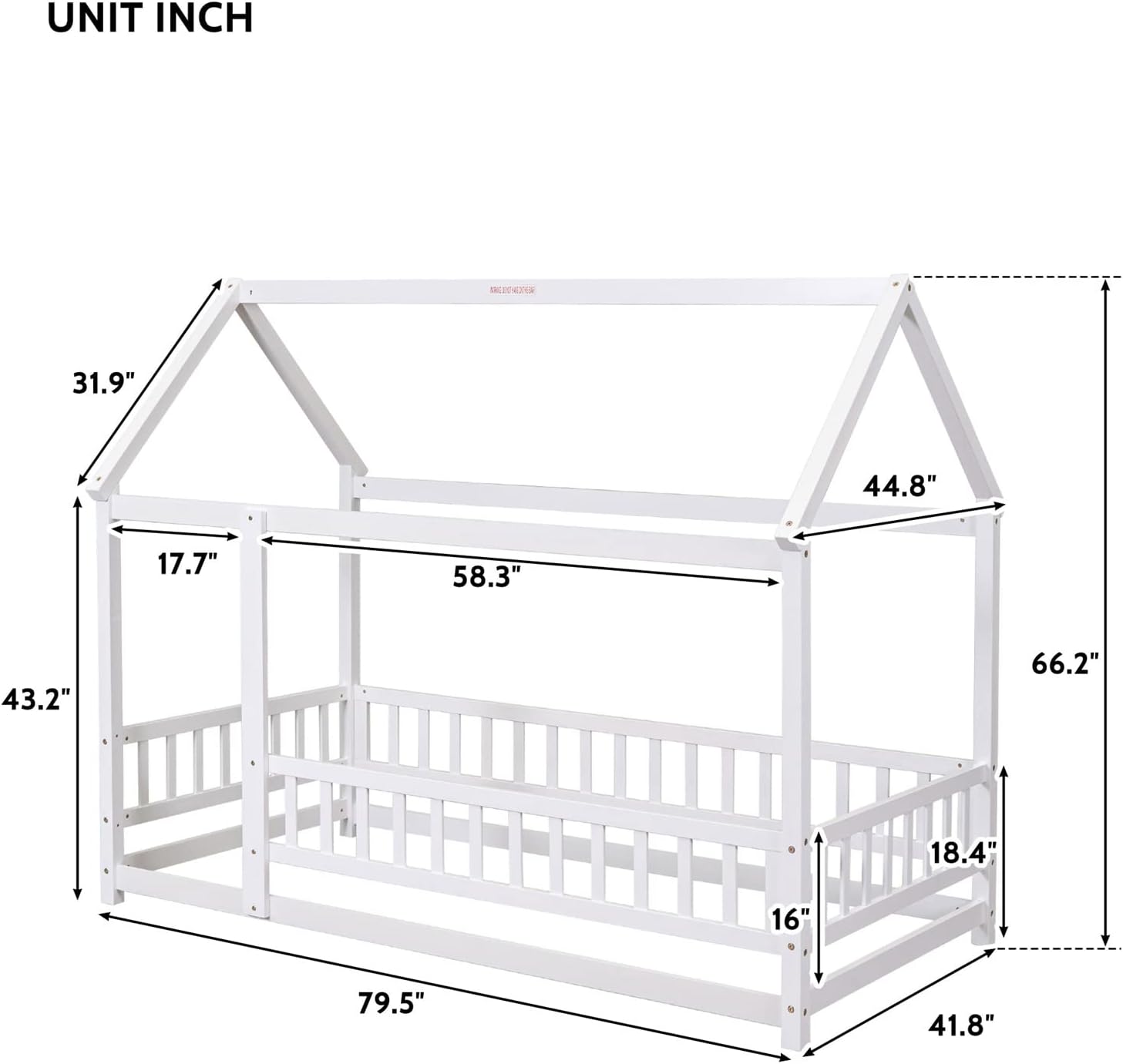 Diagram showing the dimensions of the LLS Twin Montessori Bed Frame in inches