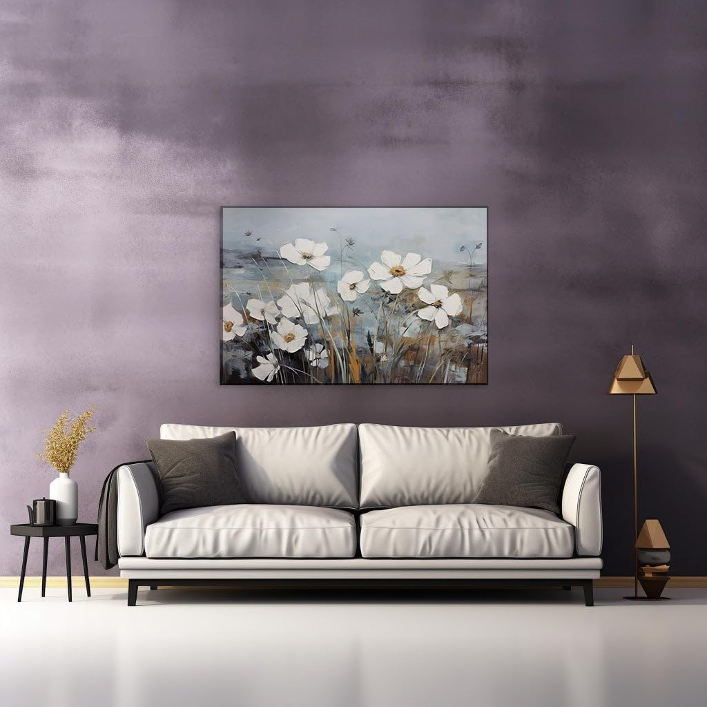 Art Wall: Whimsical White Flowers Floating Across Soft Hues of Abstract Landscapes. Interior Decor, Canvas Art Design, Arts Wall Decoration, Office Arts Design, Size: 69x46 cm (27x18 inch)