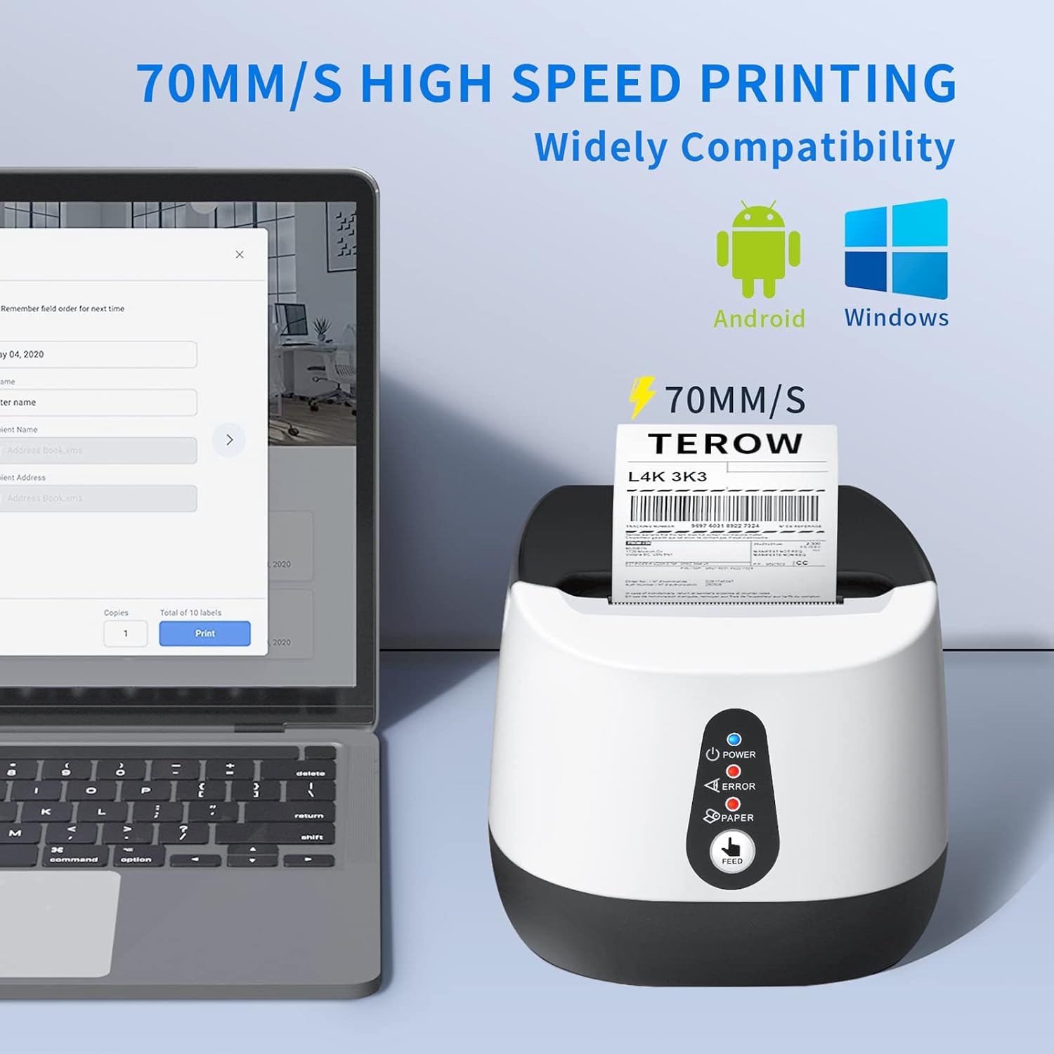 TEROW ISH582 printer next to a laptop showing printing interface
