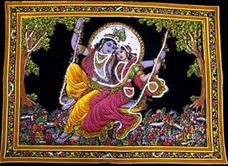 Krishna Mart India Lord Krishna & Goddess Radha Sequin Sitara Batik Cotton Wall Tapestry 40" X 30"