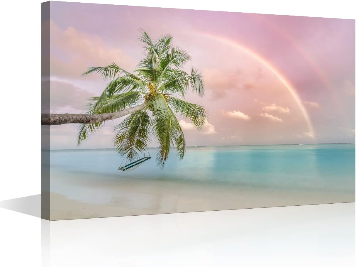 TISHIRON Canvas Wall Art Summer Ocean Coconut Trees on Sands Beach Panoramic Seascape Scenery Painting Canvas Artwork Sea Nature Picture for Home Office Wall Decor Framed Ready to Hang (12X8in)
