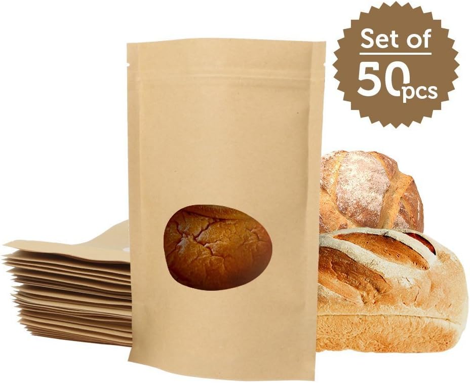 Bakery Bags | 50 pcs 1 lb Ziplock 6"x8.7" Kraft Paper Bags with Oval Window for Bread Cookies Candy Snack Food Packing Wrapping | Anti Grease Waxed Inner Lining Stand Up Pouch | 1544
