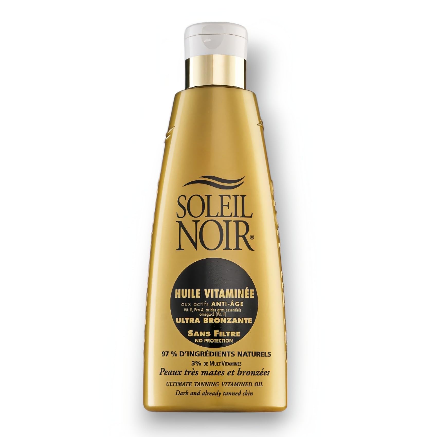 Soleil Noir - Huile Ultra-Bronzante Vitaminée sans Filtre - Peaux Très Mates et Bronzées - 97% d’Ingrédients Naturels - Fabrication Française - Flacon avec Capsule Service, 150 ml
