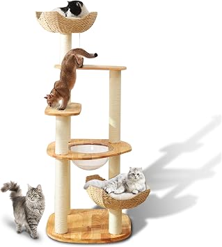 Cat Tree for Indoor Cats, 61 Multi-Level Solid Wood Cat Tower for Large Adult Cats, Heavy Duty Modern Cat Tree with 9 Sisal Rope Posts, 3 Spacious Perches & Cozy Basket, Stable and Easy to Assemble