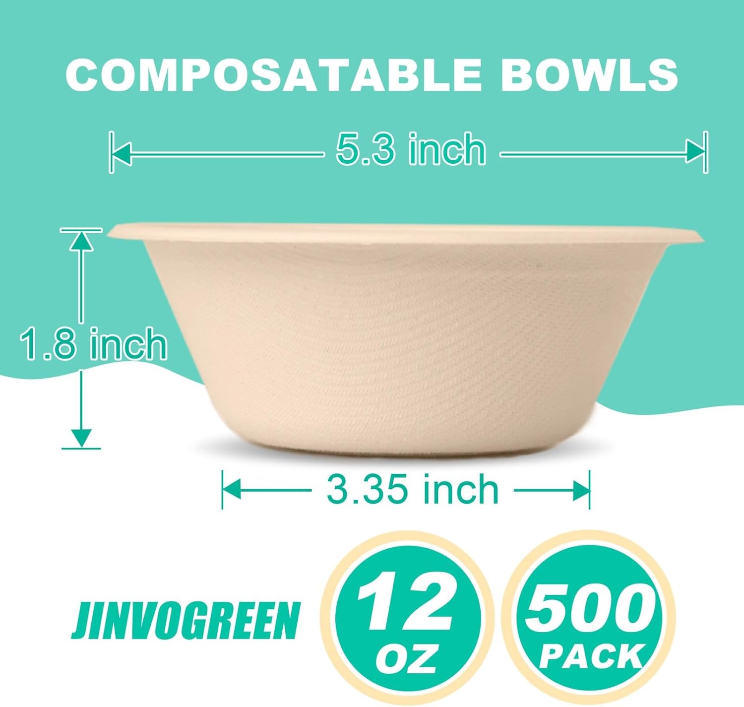 500 Count 12 oz Paper Bowls, Disposable Compostable Bowls Bulk, Heavy Duty Biodegradable Bagasse Bowl for Snacks, Soup, and Salads, Natural - Image 2