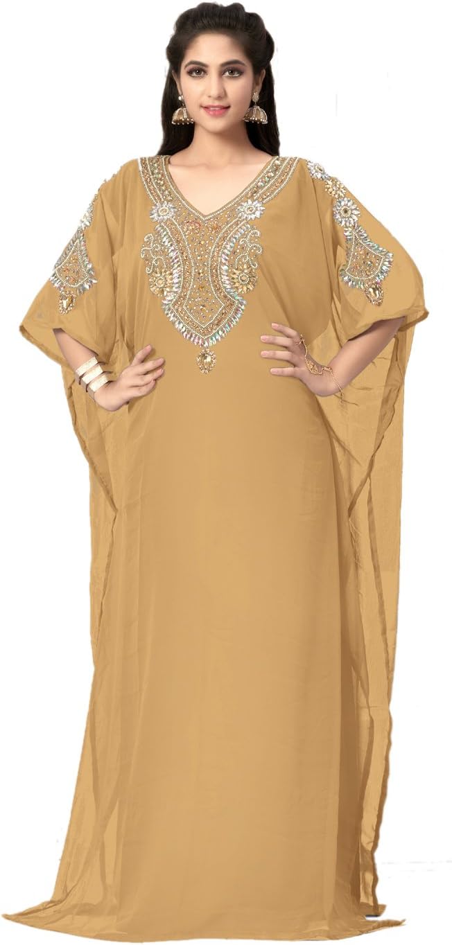 Women's Dubai Style Kaftan Caftan Farasha Jalabiya Abaya Long Maxi Dress Top - Beige