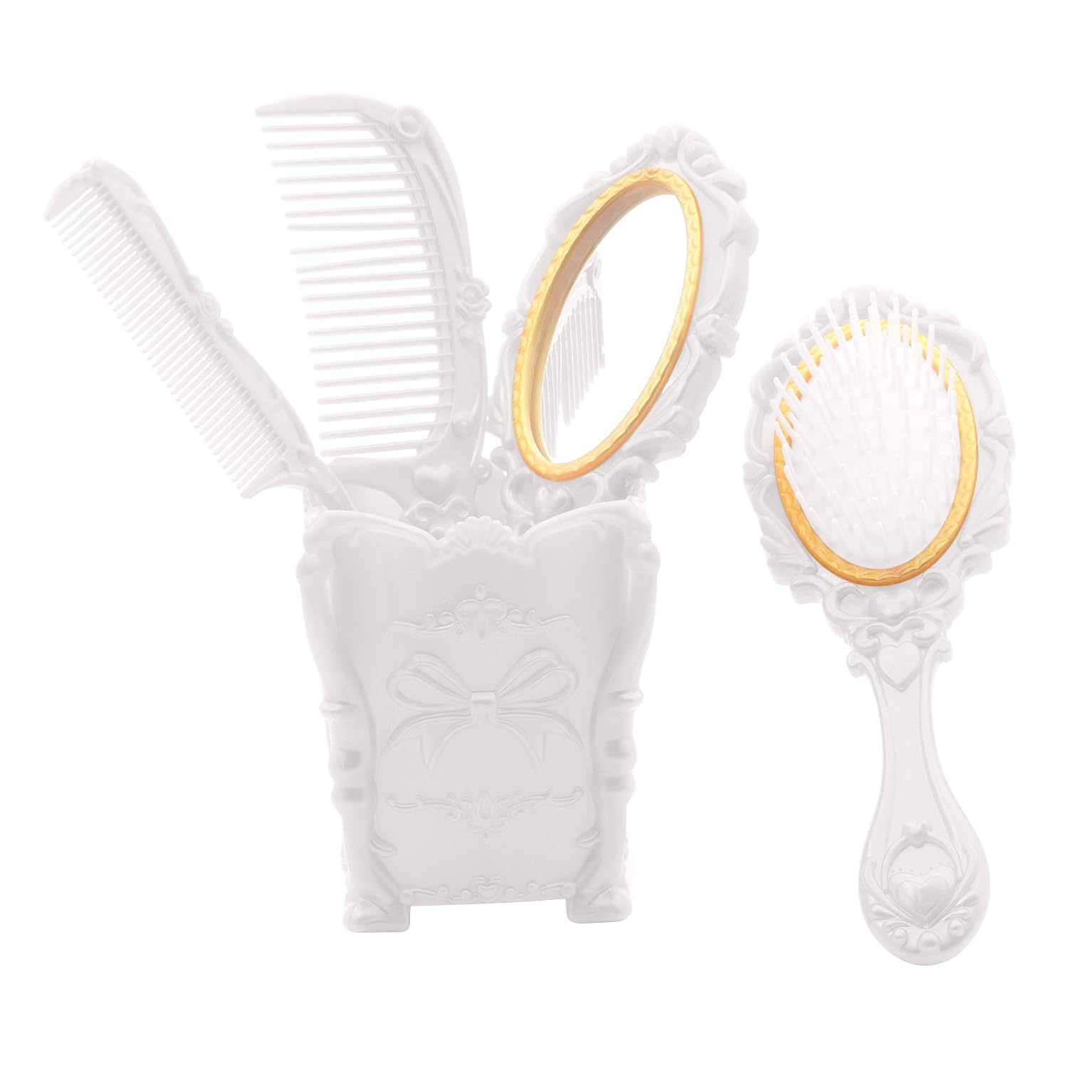 Vintage hand Mirror Comb Set-Dolovemk Girls Cosmetic Classical Wide Tooth Comb,Vintage handheld mirror with Embossed Flower,Detangling Hair Brush,Rat Tail Comb,Ideal Gift(White)