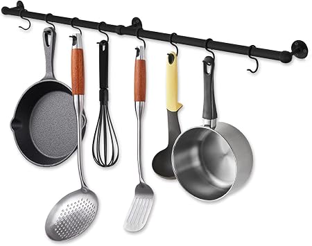 ROTHLEY Hanging Pot Rack Hanger 39.4 Inch Stainless Steel Pot and Pan Hanger Pot Rack Wall Mounted Hanging Pots and Pans Rack Pot Hangers for Kitchen Utensil Rail with Hooks Matt Black