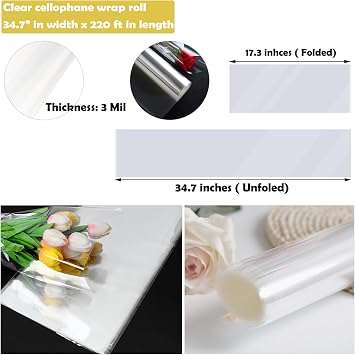 GcFoir Clear Cellophane Wrap Roll 34.5 Wide x 220 Ft Long, 3 Mil ThickPlastic Transparent Cello Wrapping Paper for Gift Baskets, Flower Bouquets, Large Cellophane Sheets for Arts & Crafts Food Safe