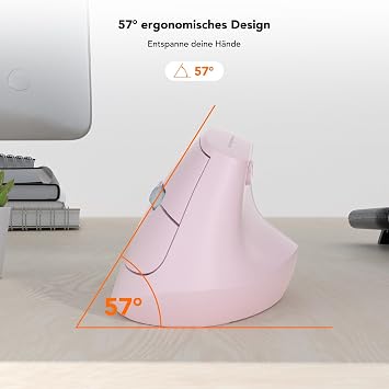 KYSONA EM18 Wireless Ergonomic Mouse Bluetooth Enabled Vertical Mice Quiet Click 5-Level Adjustable DPI Compatible with Computer PC Mac Laptop Pink