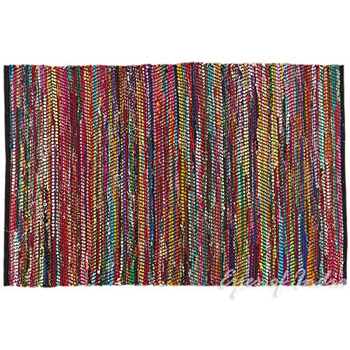 Eyes Of India - 4 X 6 Ft Black Colorful Chindi Woven Area Rag Rug Braided Bohemian Accent Boho Chic Decorative Indian Handmade Handwoven #TOP1