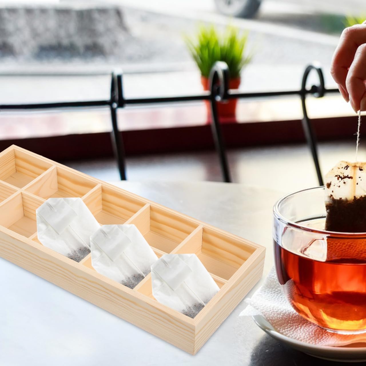 Wooden Tea Bag Holder Storage Box with Compartments Compact Organizer for Tea Bags Sugar Packets and Supplies Kitchen Countertop and Cabinets