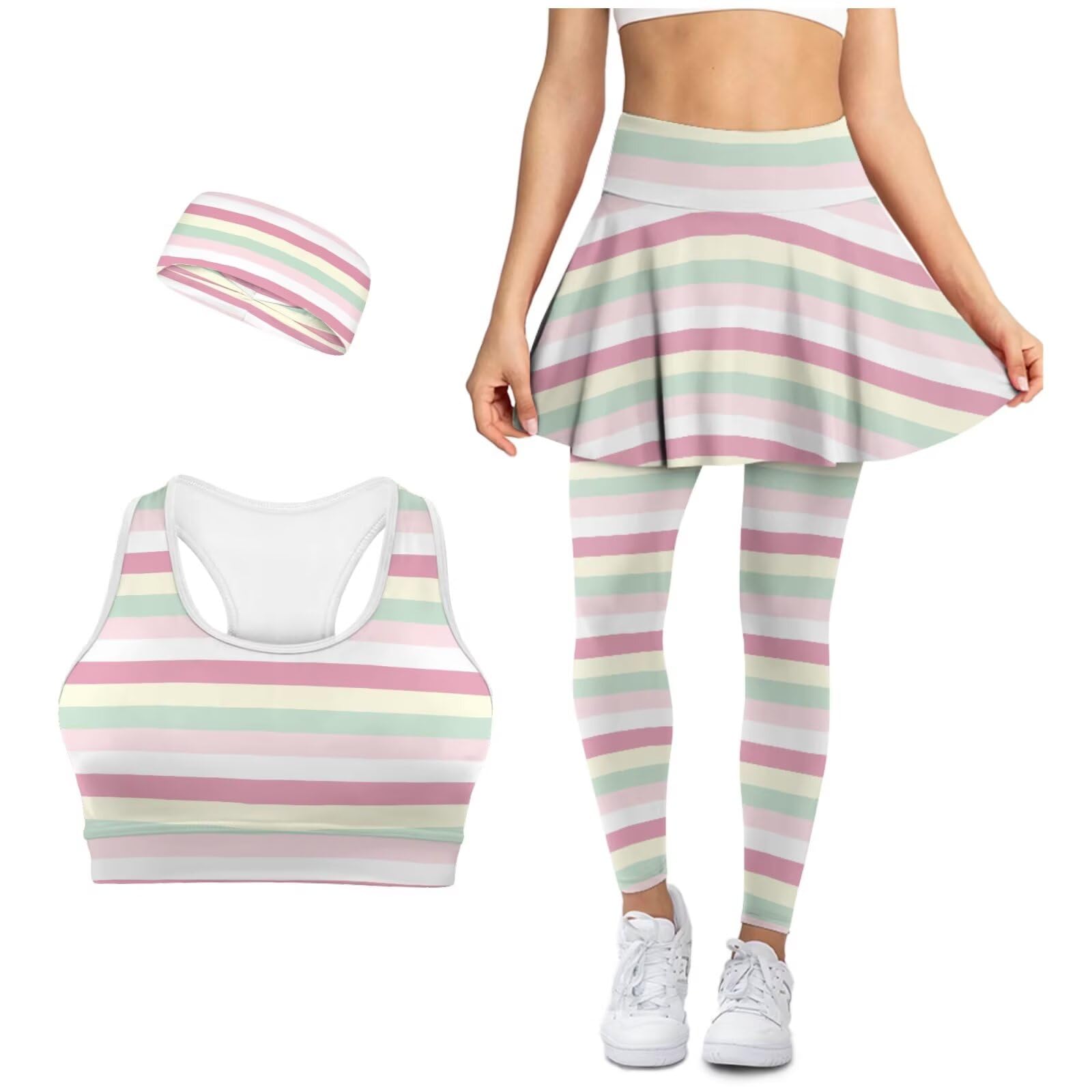 Workout Sets for Women Skirt with Leggings Sports Bras with Pockets High Waist Exercise Yoga Outfit