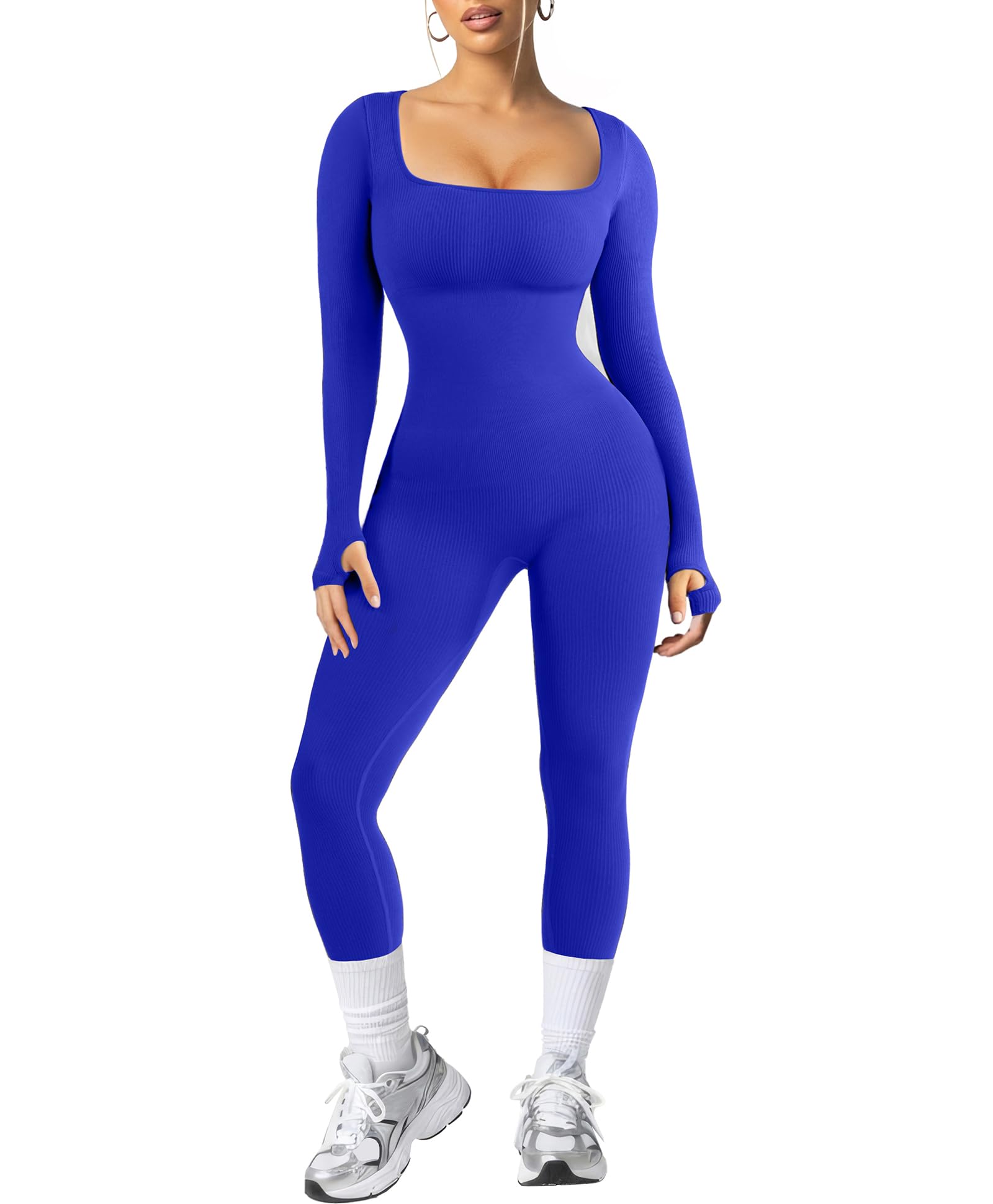 Popilush Jumpsuits for Women Long Sleeve Built-In Bra Square Neck Full Length Leggings Bodycon Stretch Workout Outfits