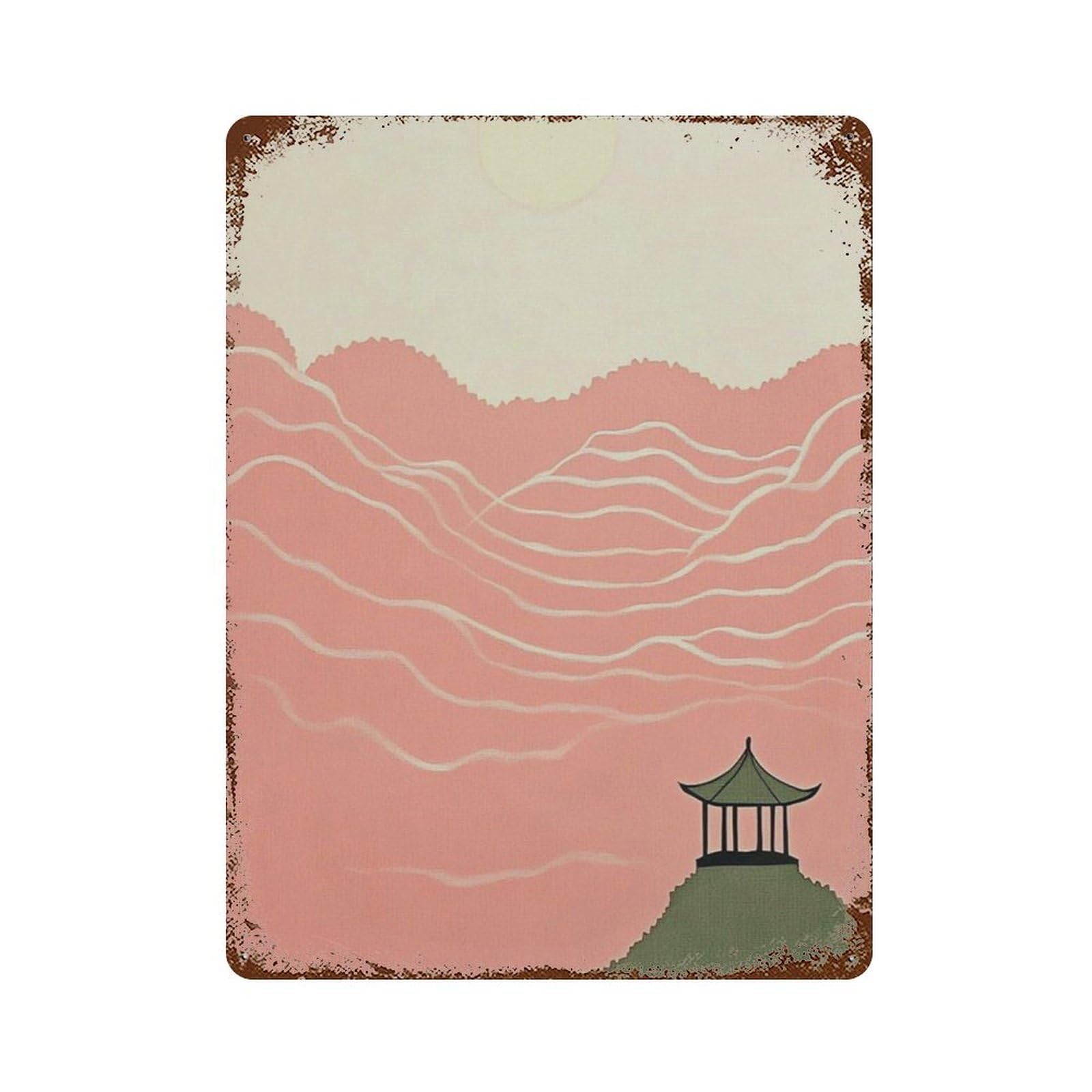 xiaoxiaoshen Mountain Sunset Japanese Landscape Minimal Pink Nature Zen Pagoda Calm Scenic Wall Decor Art Metal Tin Poster Modern Home Decor Art Home Bar Shop Decorations Vintage Sign 40x30cm