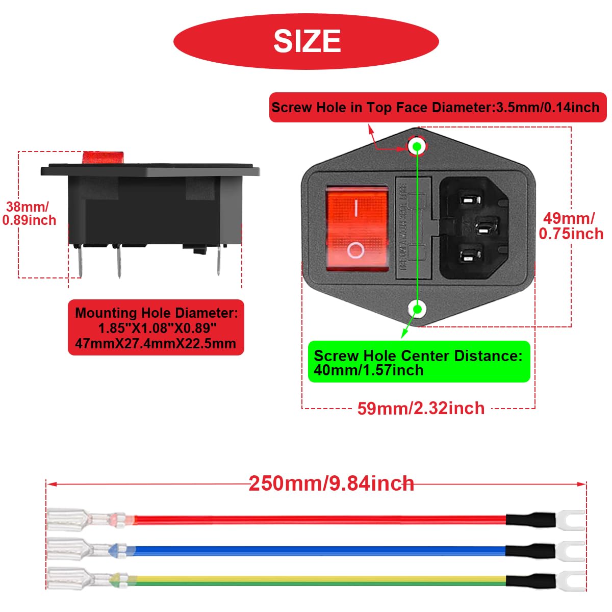 JoyNano 3-in-1 Einlassmodul – Mit IEC320 C14 Stecker, 5A Sicherung, Wippschalter & Rotlicht