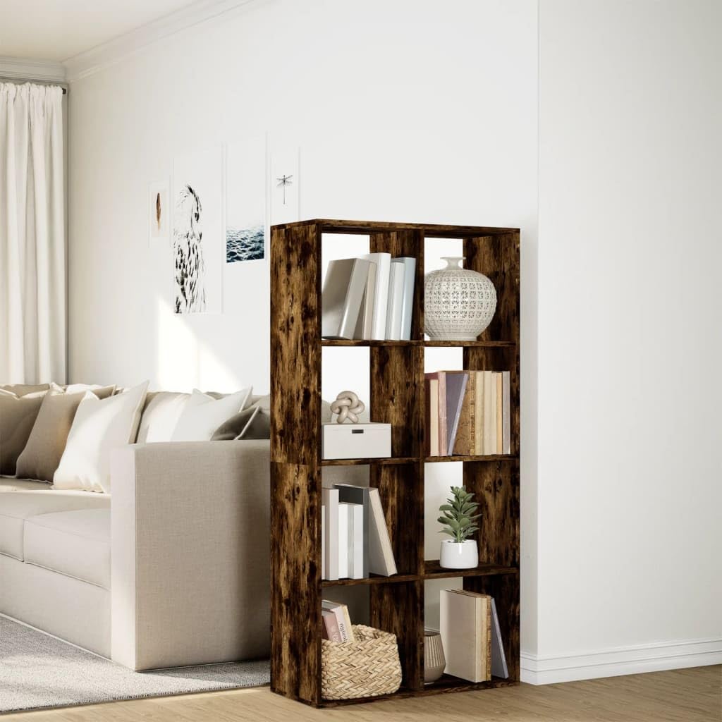 Nowoczesny regał na książki, dąb wędzony, 69,5 x 29 x 137,5 cm, z 8 półkami, uniwersalny organizer Cube do salonu, biura i sypialni