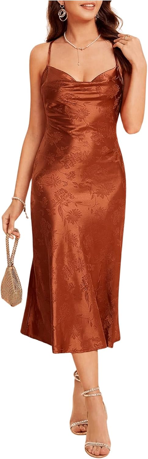 Floerns Women's Spaghetti Strap Cowl Neck Long Slip Satin Silk Midi Dress