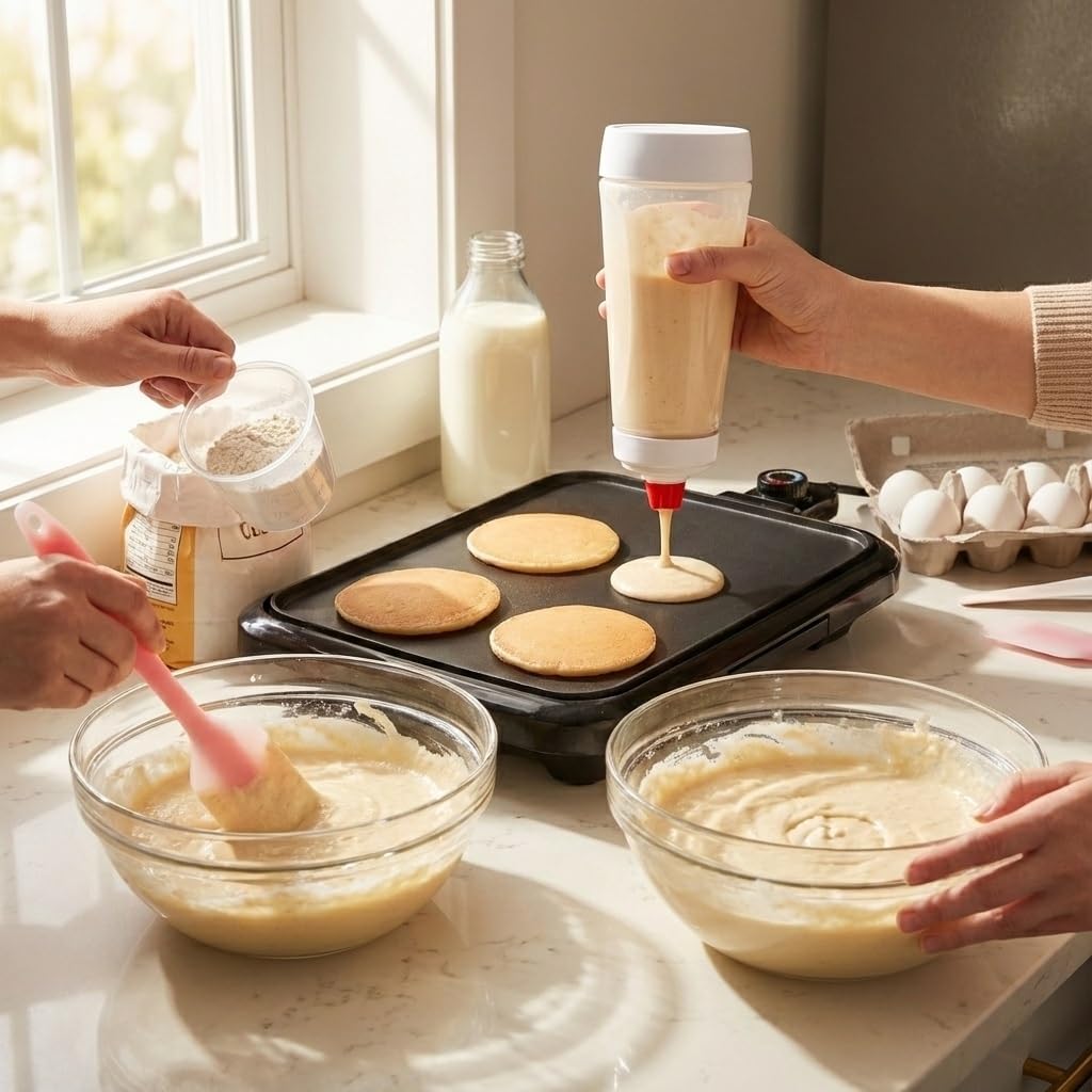 Manual Pancake Batter Mixer Bottle Set, 34 oz Squeeze Dispenser with Shaker Ball, Pink Silicone Spatula & 160 ml Measuring Cup for Pancakes, Cupcakes