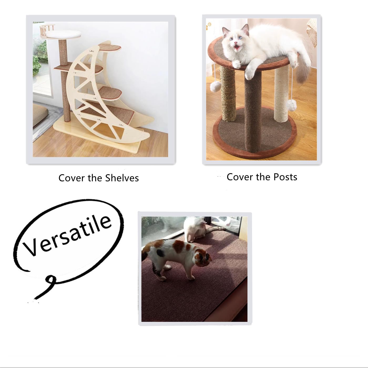 Alfombrilla autoadhesiva recortable de 157.6 x 15.8 pulgadas, repuesto para estantes de árbol de gato, escalones de muebles de pared de gatos, protector de sofá para rascar (marrón)