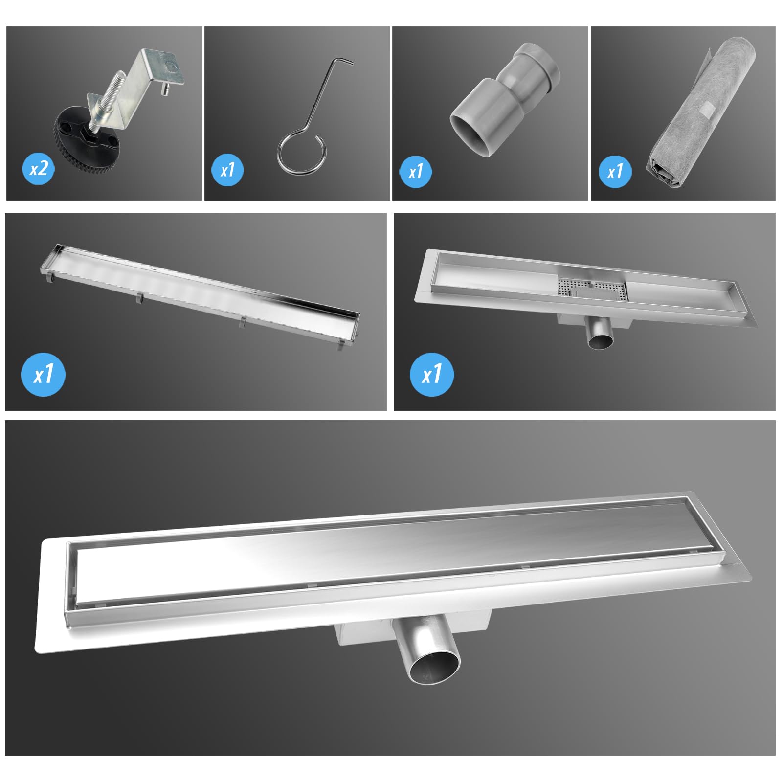 Caniveau de Douche 50 cm, 2 en 1 Caniveau Douche Italienne Extra Plate,Acier INOX, Avec Siphon à Bloqueur D'odeurs et Filtre à Cheveux,Drainage Rapide