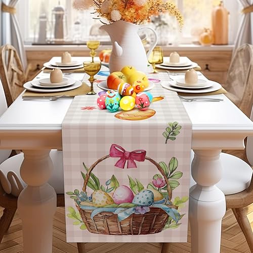 Miniatura 5 de Labeol Camino de mesa de Pascua, huevos de Pascua y cestas de 72 x 13 pulgadas, color claro, decoraciones de Pascua para mesa, camino de mesa de
