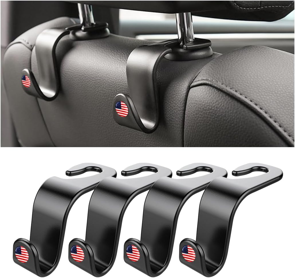 4PCS Car Seat Headrest Hooks, Auto Back Seat Hanger Holder, Durable Stylish Vehicle Organizer Universal Car Interior Accessories, Storage Hooks for Purses, Bags, Clothes, Coats, Hats (Black-Color)