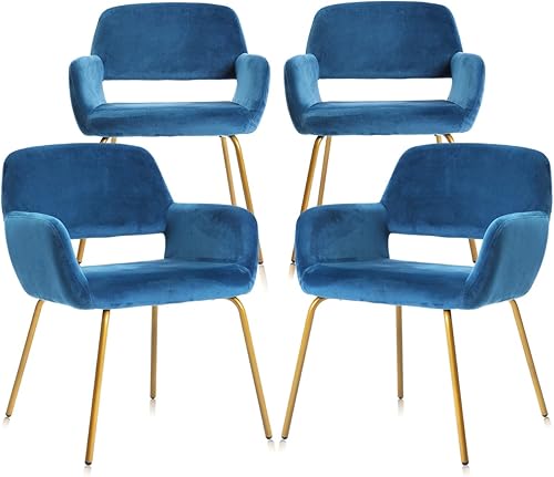 CLATINA Juego de 4 sillas decorativas cómodas de terciopelo azul con reposabrazos y patas de metal dorado sólido para comedor, sala de estar,