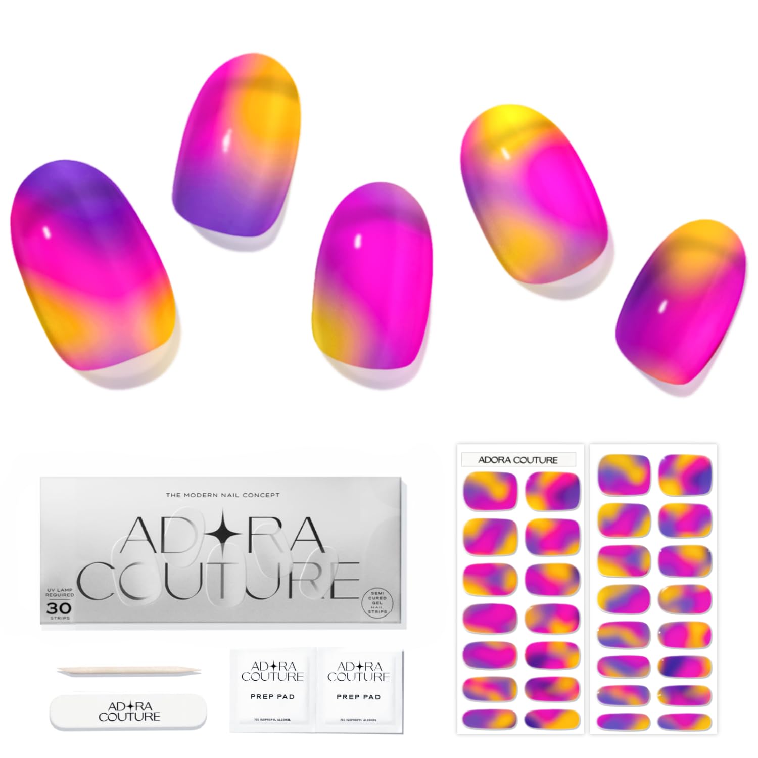 Adora Couture Semi Cured Gel Nail Strips – Pink Hermosa – 30 Pieces UV Gel Nail Wrap Kit with Prep Pads, File & Wooden Stick – Salon Quality Semi
