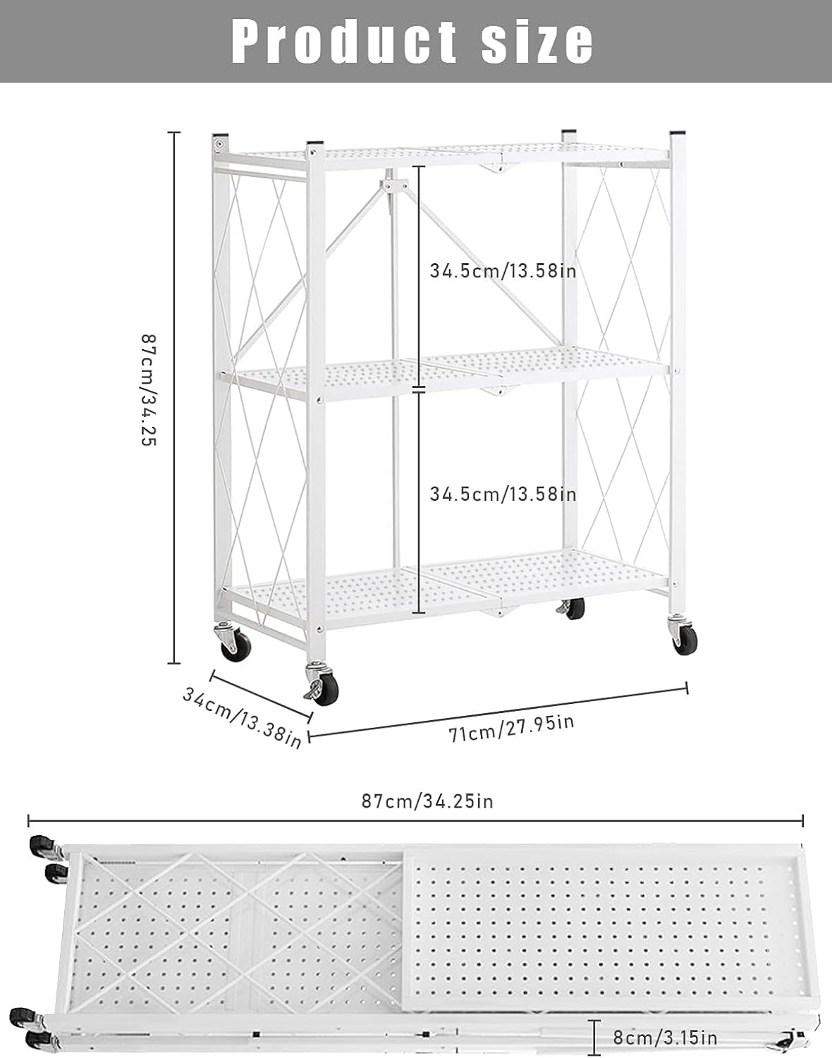 Lanstics 3-Tier Foldable Standing Shelf Units with Wheels, Industrial Style, Heavy Duty Metal Storage Shelves for Home, Kitchen, Bedroom