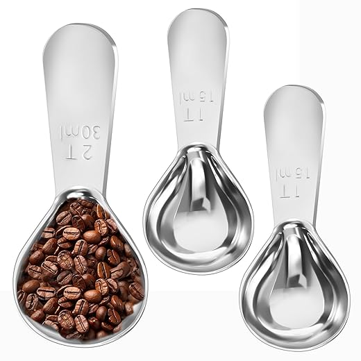 Stainless Steel Coffee Scoop Set - 3 Pc Measuring Spoons (1 Tbsp & 2 Tbsp Scoop) for Ground Coffee, Tea, Sugar Or Flour, Short Handles