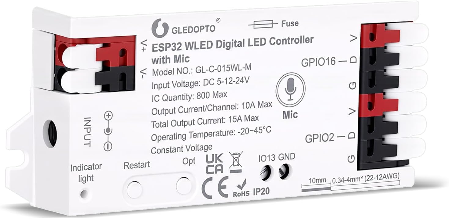 Контролер ESP32 WLED світлодіодної стрічки, світлодіодний контролер постійного струму 5~24 В, понад 100 світлових ефектів, контрол