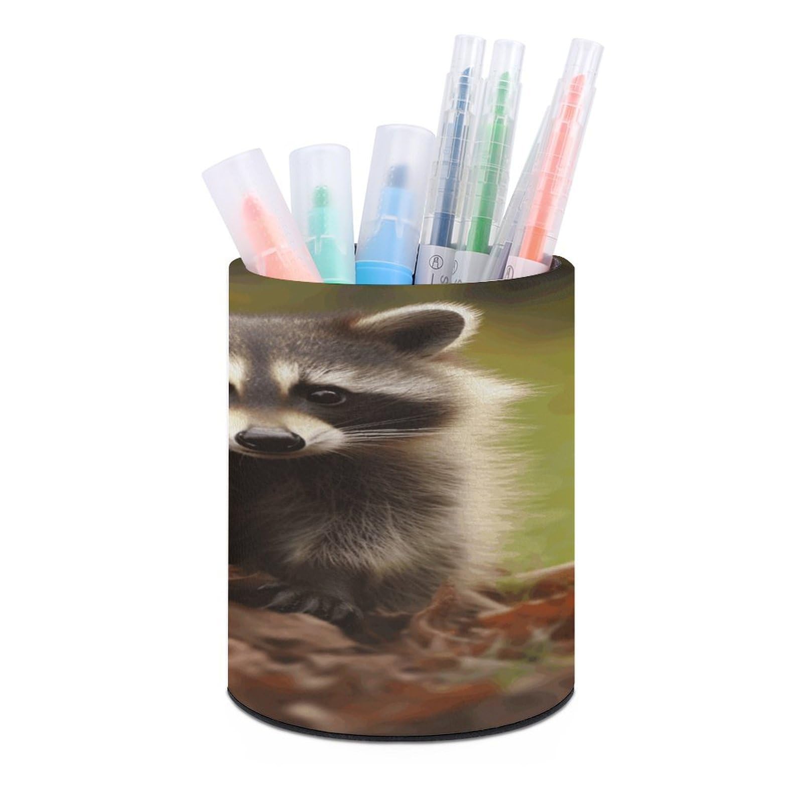 VstaDank Raccoon Pen Holder Leather Pencil Cup Round Pencil Holder for Desk Organizer Personalized Pen Cup Fashion Pen Organizer Makeup Brush Holders for Office Home&Gift