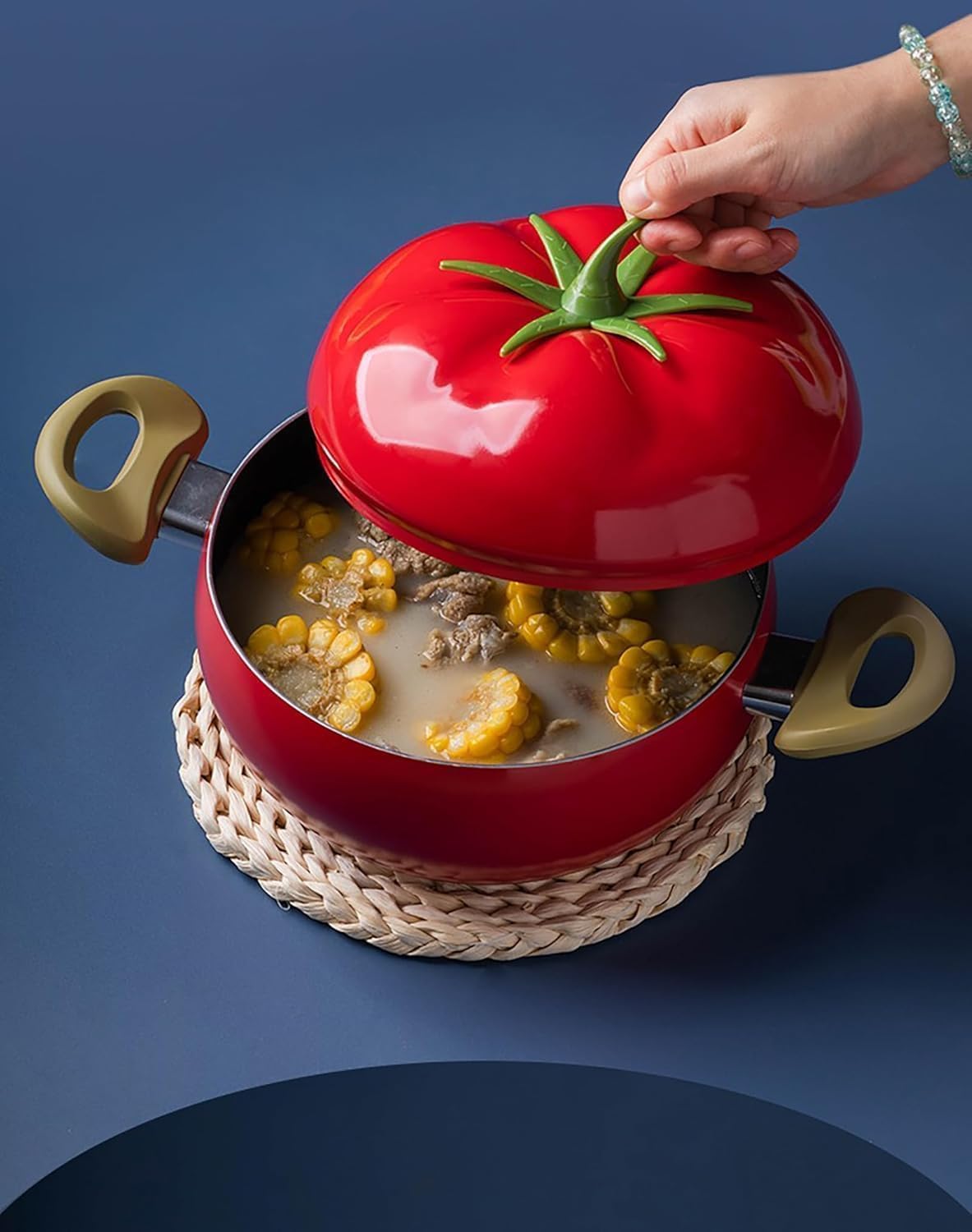 Pentola in Ghisa Smaltata con Coperchio - Design a Forma di Pomodoro, Pentola Antiaderente per Zuppe e Pasta, Uso Versatile, Adatta per Gas e Induzione