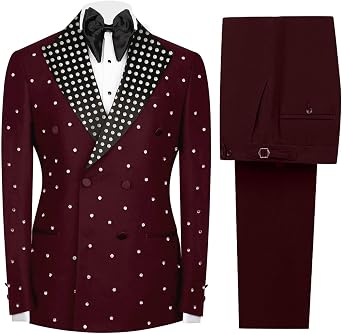 Mens 2 Pieces Tuxedo Suit Slim Fit Double Breasted Blazers Pants Outfit with Shiny Handmade Rhinestone