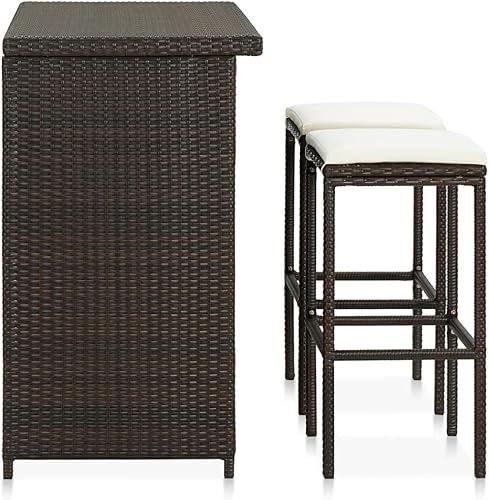 Miniatura 3 de 3-Piece Bar Table Set with Storage Shelves, PE Rattan and Steel Bistro Set Indoor Outdoor, Lightweight Brown Kitchen Furniture for Small Spaces