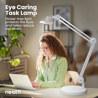Neatfi XL 2200 Lumens 24W LED Desk Lamp - 4-Level Dimmable Task Light | Home Office, Crafts & Workbench | 50cm Wide Head (White, Non-CCT with Base) [Energy Class F]