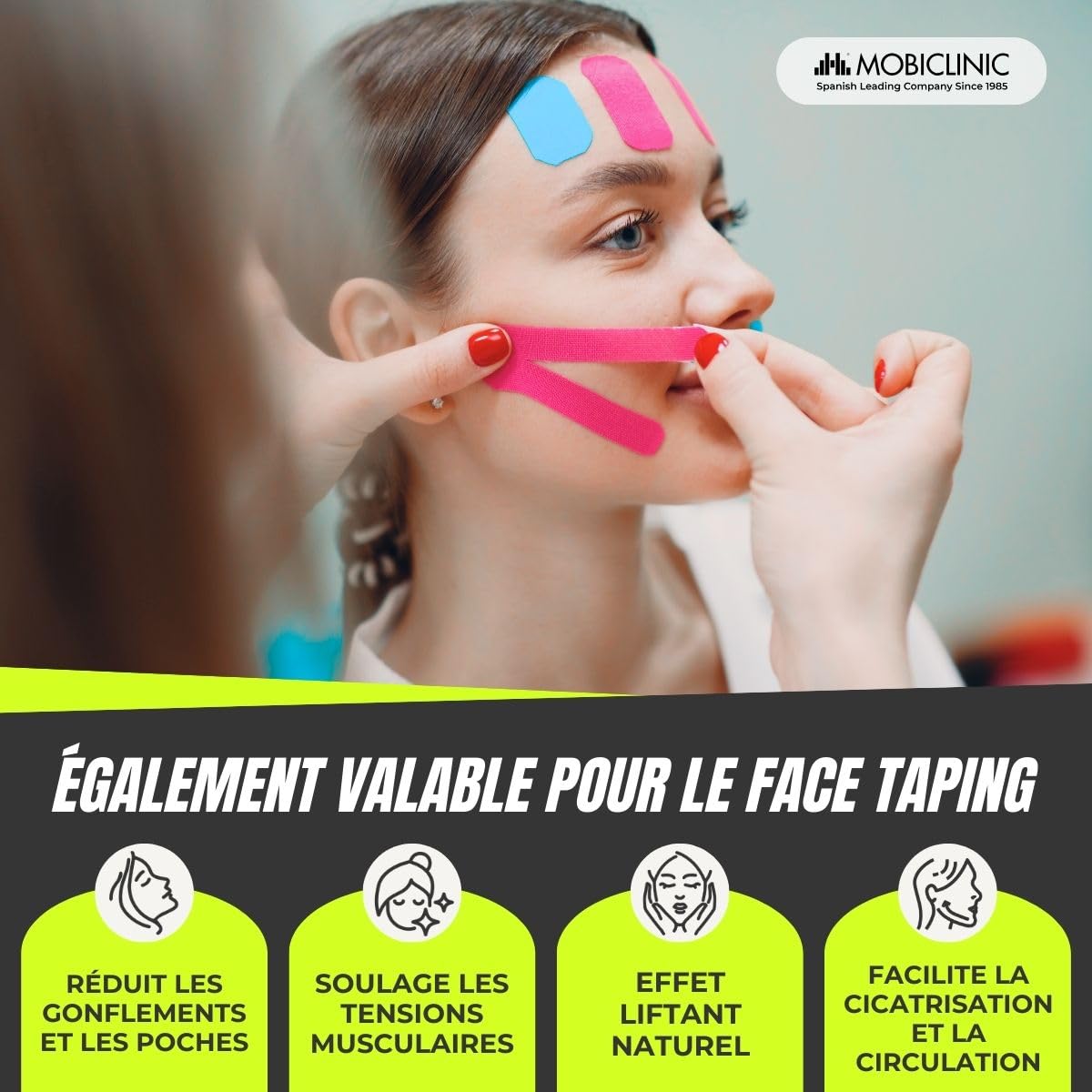 Mobiclinic®, Pack 12 rouleaux bande kinesiologie, Neuro-musculaire adhésive, De 5m x 5cm, Sport tape, Soulagement des douleurs musculaires, Kinesiotape, Face (Noir)