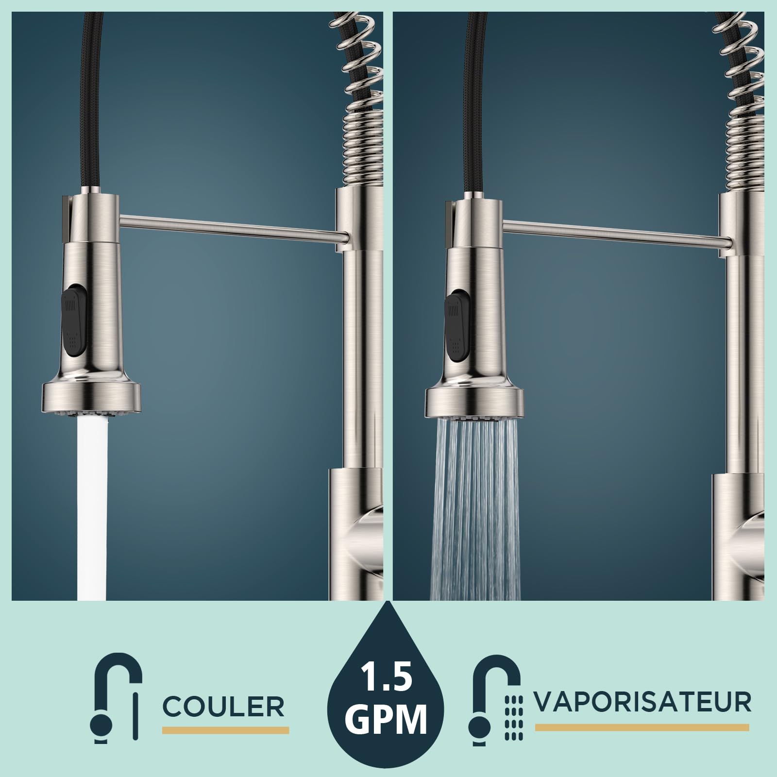 FORIOUS Robinet Cuisine, Mitigeur Cuisine avec Douchette Extractible max à 45cm, Rotation à 360° et Double Fonction de Pulvérisation, Acier Inoxydable