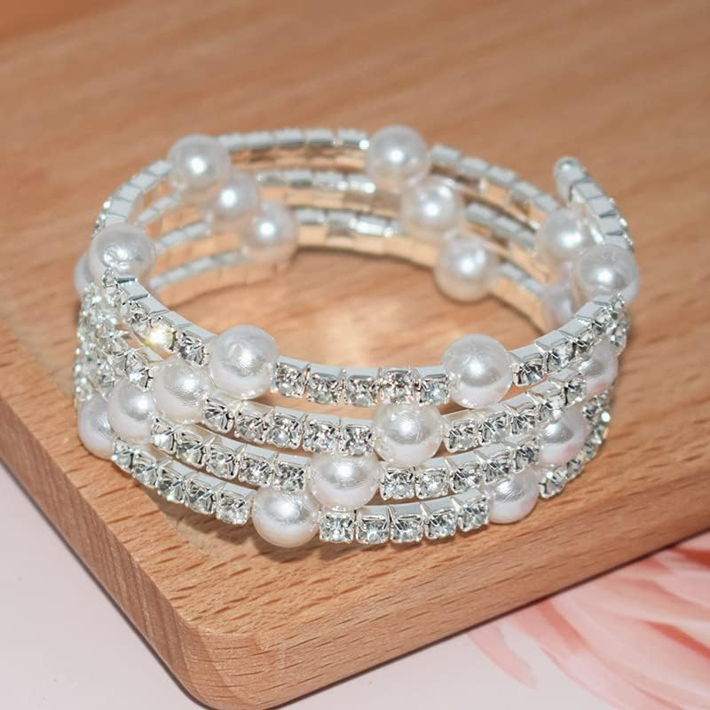 Fuqimanman2020 Multi Row Imitition Pearl Stretch Bracelet Stackable Crystal Strand Multi-Layered Elastic Bangle for Women 1920s Costume Vintage Bridal Wedding Jewelry-Silver C - Image 2